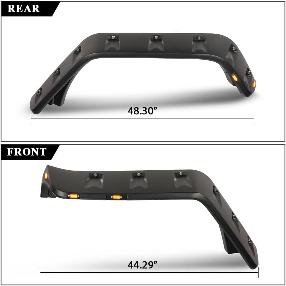 PIT66 Fender Flares Compatible With Jeep JK Wrangler 2007-2018 2/4 door Model, Unlimited, Rubicon Unlimited Smooth Matte Pocket Riveted Style Wheel Flares With LED 4pcs