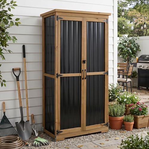 outdoor storage cabinet with shelf, wood & metal, main product view