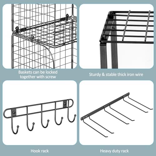threehio garage shelf wall mounted with wire baskets, front angle view