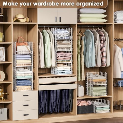 5-tier stackable closet organizers and storage baskets, closet on a desk or shelf