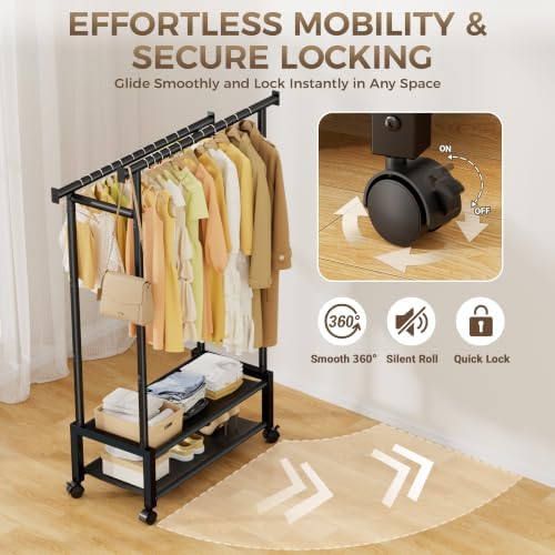double rod clothing rack with 2 shelves, rolling, package contents