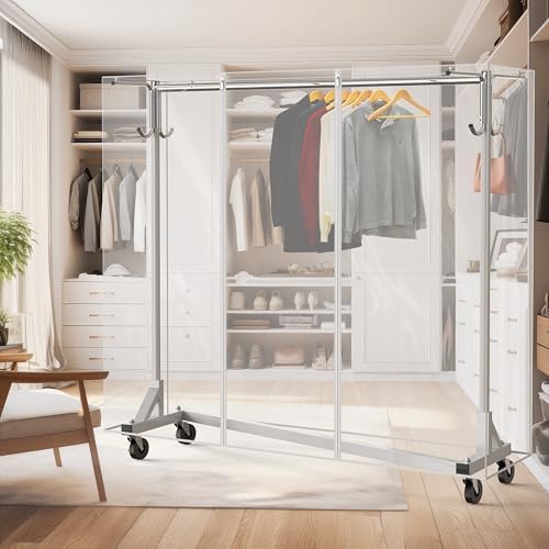 simple houseware industrial grade z-base garment rack w/cover shown in use