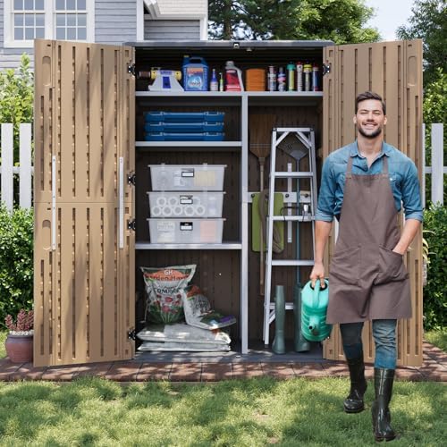 aoxun outdoor storage shed with floor, 64 cu.ft showing dimensions