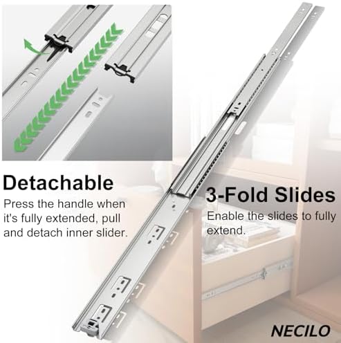 necilo 24 inch heavy duty drawer slides 150lb showing dimensions