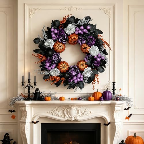 24 Inch Pumpkins Purple Black Halloween Wreaths for Front Door
