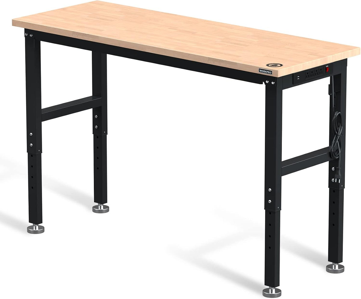WORKPRO 60" Adjustable Workbench, Rubber Wood Top Heavy-Duty Workstation