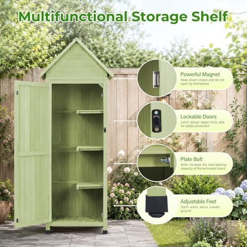 wooden outdoor storage cabinet,tall vertical garden tool shed shown in use
