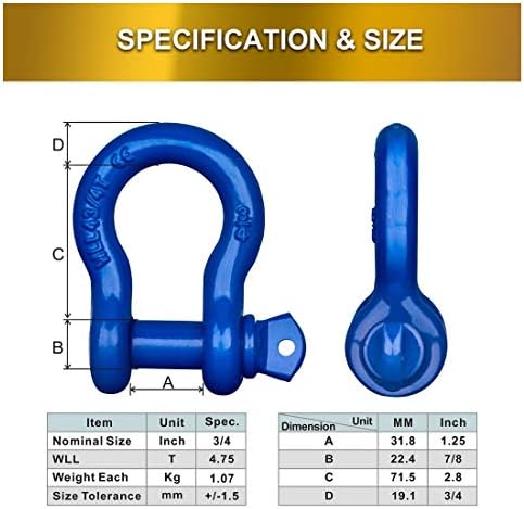 Trailer Shackles 3/4 Bow Shackle Rugged Steel Forged 28.5 Ton (57,000 lbs) Max Break Strength Off Road Shackles Blue Powder Coated Heavyduty Shackles 3 Year Guarantee with Safety Gloves (Pack of 2)