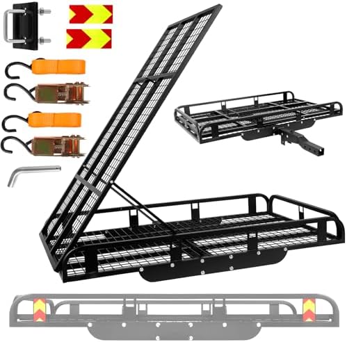 Adjustable Hitch Cargo Carrier, 1200LB Alloy Steel Basket, Includes Tie-Down Straps, Fits SUV/Truck, Heavy Duty Rack for Maximum Storage & Transport