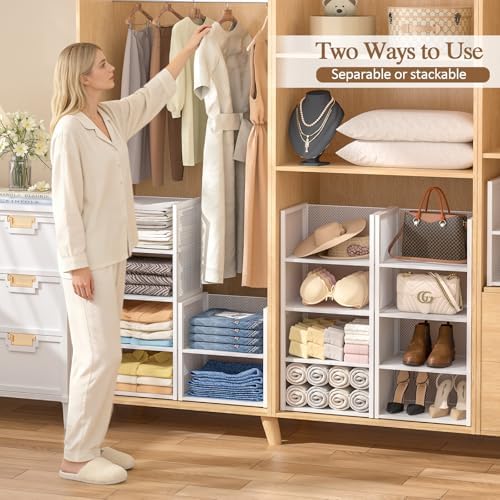 4-tier stackable closet organizers and storage basket, wire showing dimensions