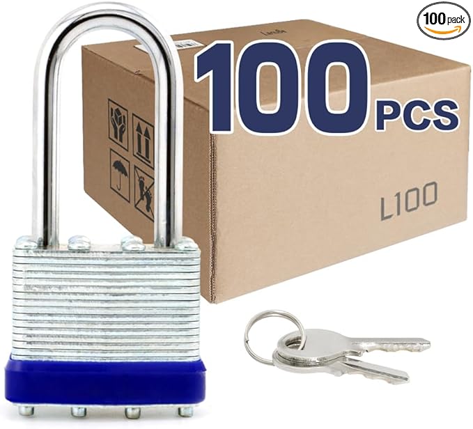 LanuBe Laminated Padlock 1-9/16inch Long Shackle 100 Pack Keyed Alike, Bulk by LanuBe
