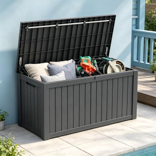 resin outdoor deck storage box waterproof (black, 180 showing dimensions
