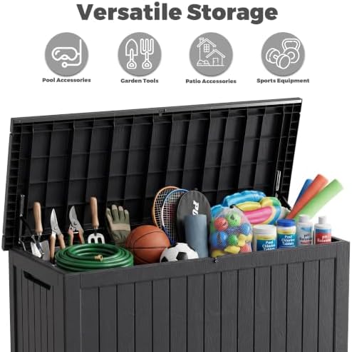280 gallon outdoor storage box waterproof, lockable resin on a desk or shelf