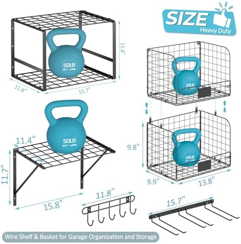 threehio garage shelf wall mounted with wire baskets, close-up detail