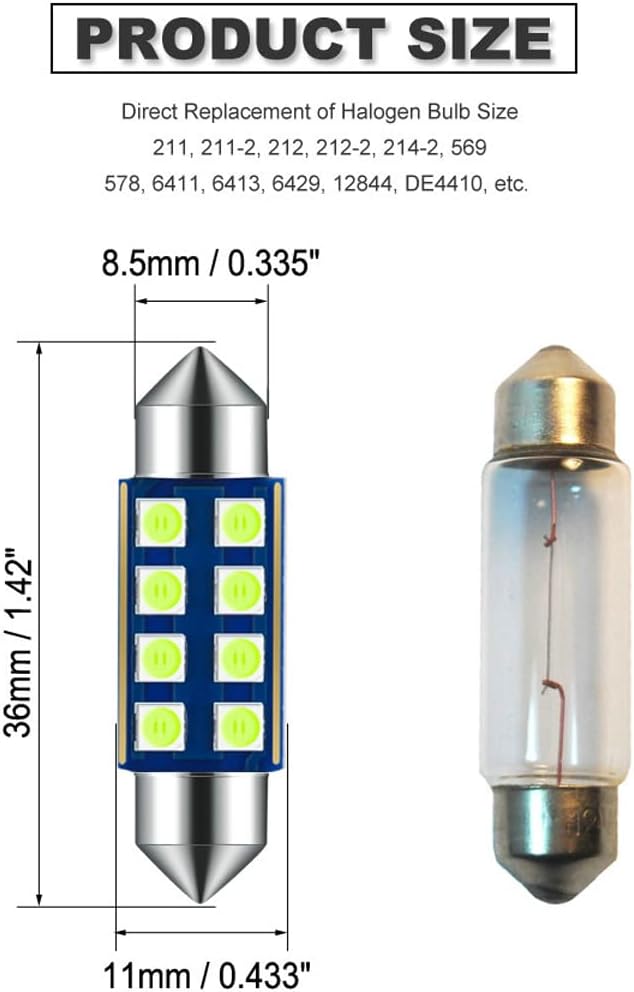 Ice Blue 36MM Festoon 6418 LED Map Dome Bulb Car Interior Light | DE3423 DE3425 Super Bright Also for Car Exterior License Plate Trunk Cargo Door Courtesy Light Canbus Error Free 10-Pack