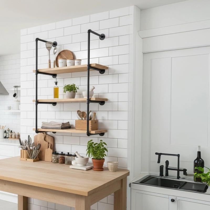 4-tier industrial pipe shelving bracket system, black iron shown in use