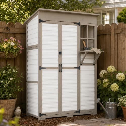 large outdoor storage cabinet with dual-zone shelves, garden, front angle view