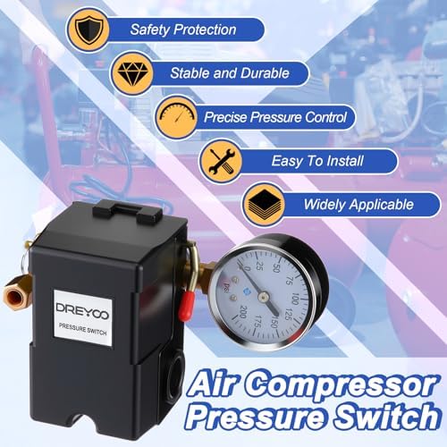 dreyoo air compressor pressure switch,135-175 psi, 4 port, side view