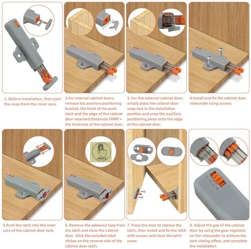gray non-magnetic push to open door latch for on a desk or shelf