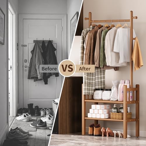 yoobure solid wood clothing rack with shelves showing dimensions