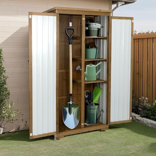 outdoor storage cabinet with shelf, wood & metal on a desk or shelf