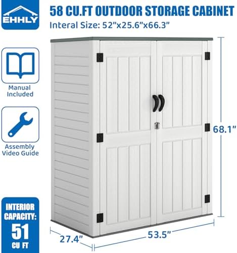 ehhly vertical resin storage shed, 60 cuft garden shown in use