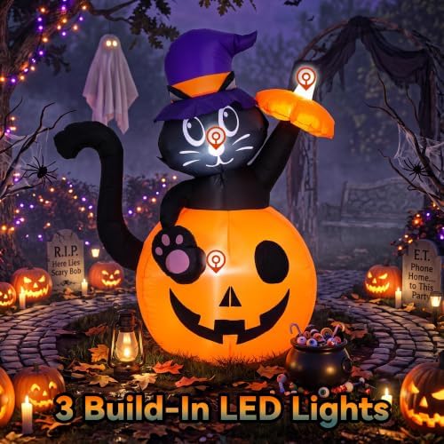 4.5FT Halloween Inflatable Black Cat with Pumpkin Outdoor Decorations, Blow U...