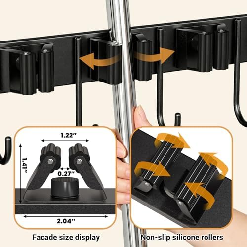 broom holder wall mount, broom and mop organizer, close-up detail