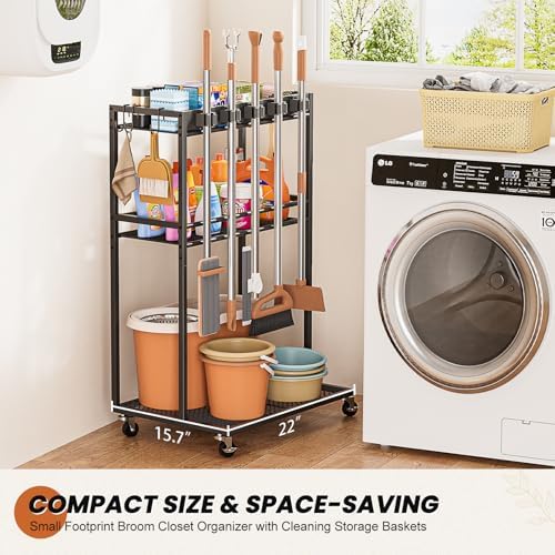 broom holder with cleaning supplies organizer, broom closet, close-up detail
