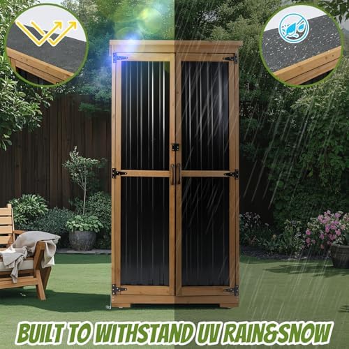 outdoor storage cabinet with shelf, wood & metal shown in use