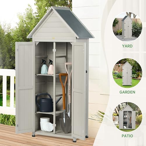 outdoor storage shed with floor & adjustable shelves shown in use