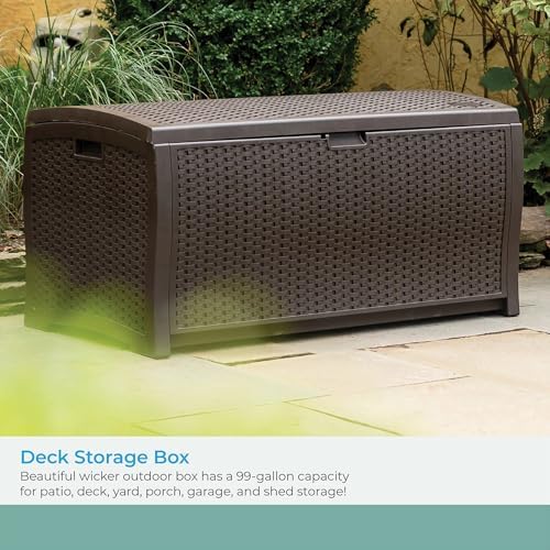suncast 99 gal wicker resin deck box, storage, side view