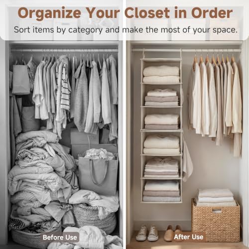 storageworks hanging closet organizer, 6-shelf with 2-in-1 design showing dimensions