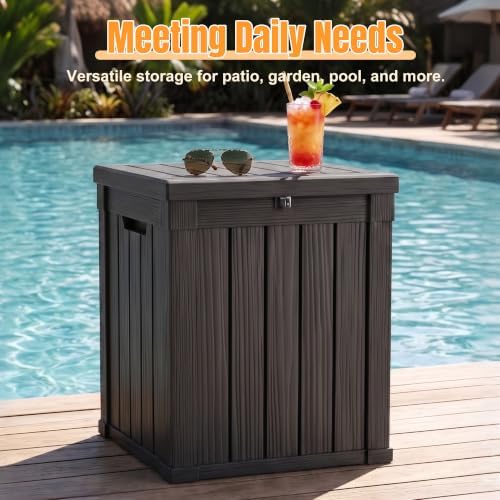 outdoor storage box,70 gallon waterproof resin patio deck on a desk or shelf