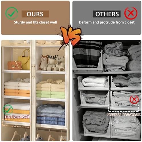 stackable closet organizers and storage basket, closet shelves on a desk or shelf