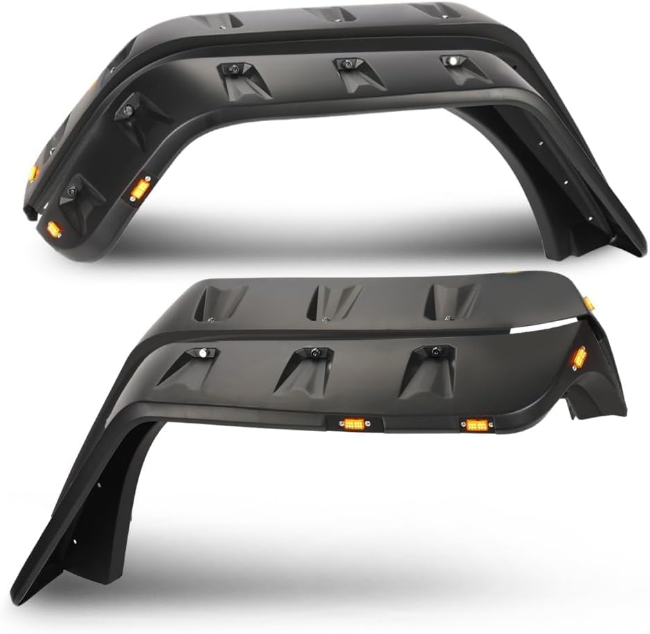 PIT66 Fender Flares Compatible With Jeep JK Wrangler 2007-2018 2/4 door Model, Unlimited, Rubicon Unlimited Smooth Matte Pocket Riveted Style Wheel Flares With LED 4pcs