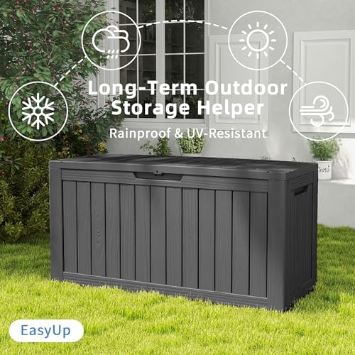 easyup outdoor storage box 100 gallon waterproof resin shown in use
