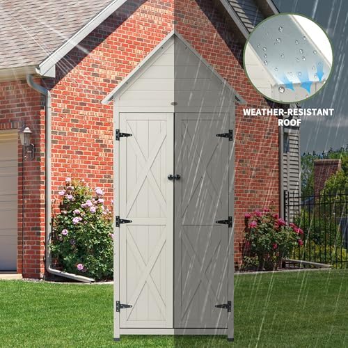 outdoor storage shed with floor & adjustable shelves, side view