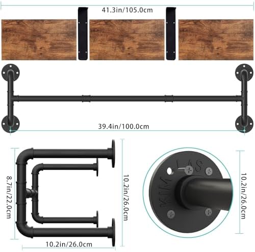 yawinhe industrial pipe clothing rack with shelves,closet rod,rustic showing dimensions