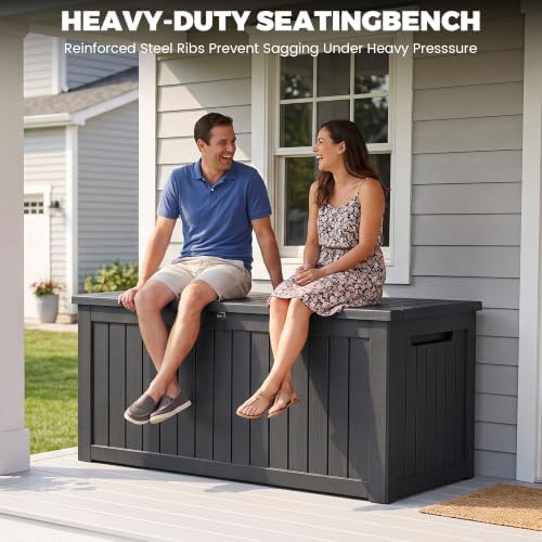 280 gallon outdoor storage box waterproof, lockable resin shown in use