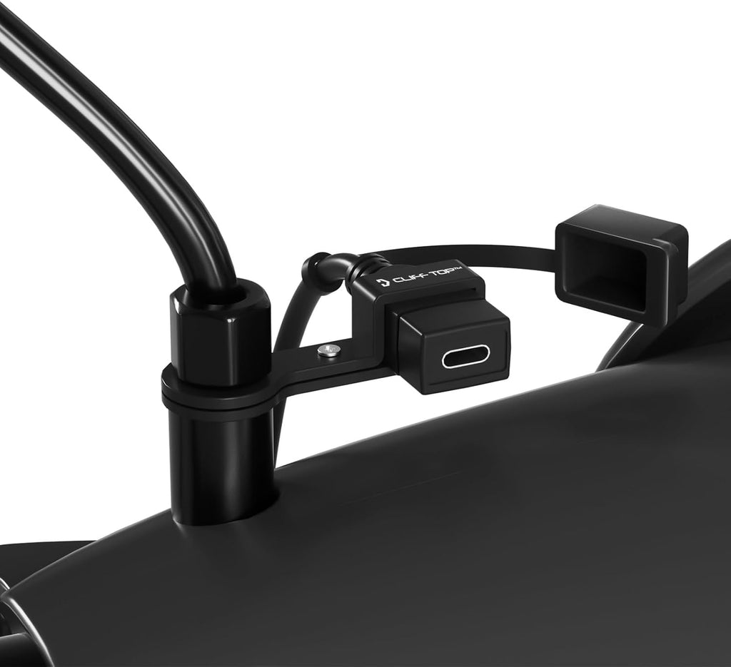Cliff Top Waterproof Motorcycle USB Charger, 18W PD, SAE, 10mm Mirror Mount | Waterproof cap, Type-C quick charge, SAE to USB-C connector, 10mm rearview mirror mount, motorbike phone/GPS charging