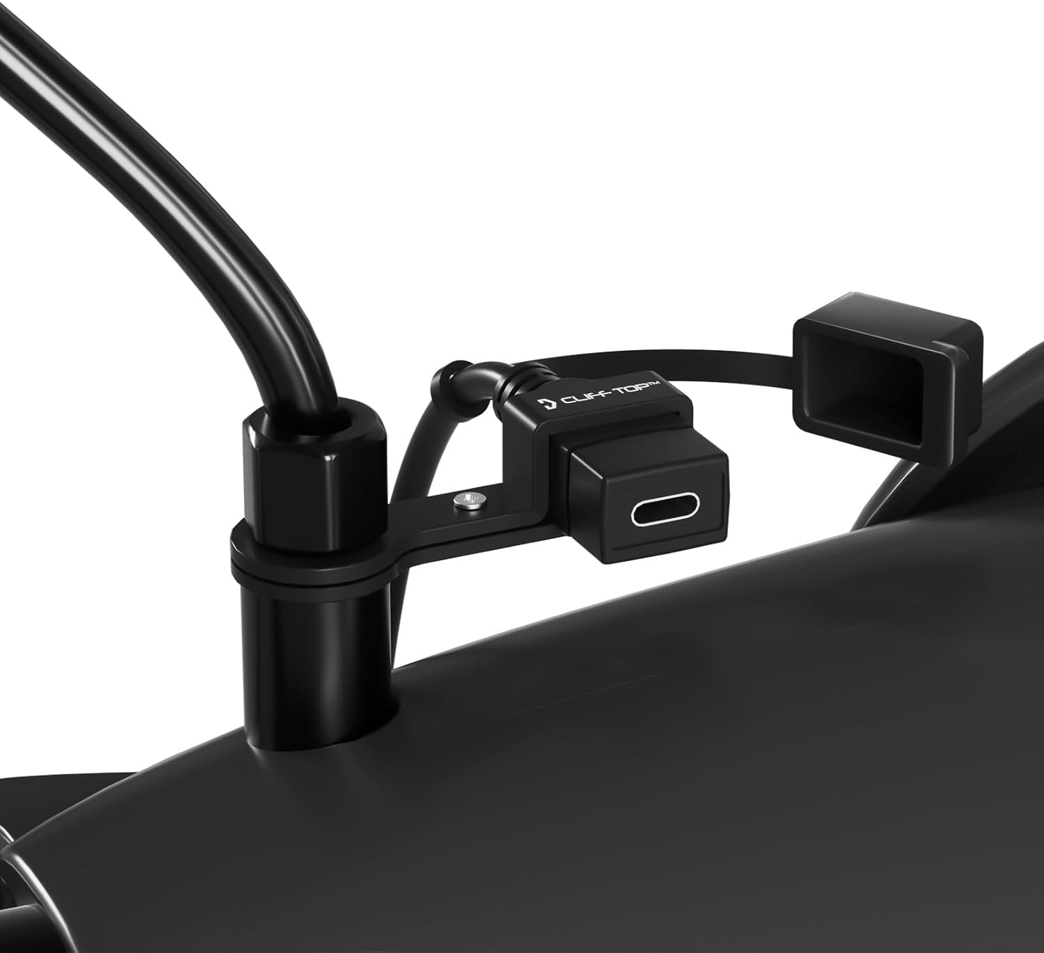 Cliff Top Waterproof Motorcycle USB Charger, 18W PD, SAE, 10mm Mirror Mount | Waterproof cap, Type-C quick charge, SAE to USB-C connector, 10mm rearview mirror mount, motorbike phone/GPS charging