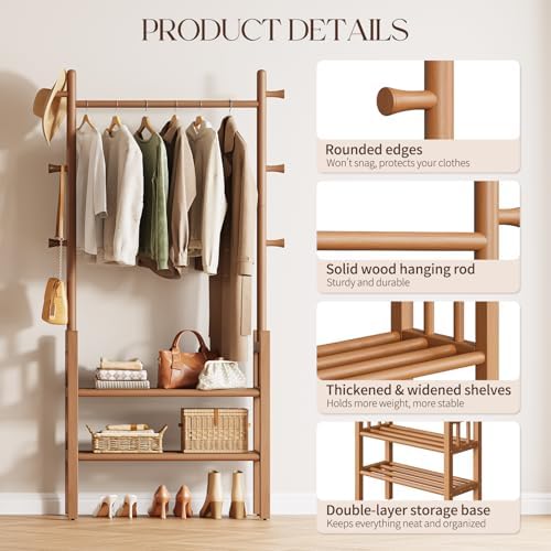 yoobure solid wood clothing rack with shelves, close-up detail