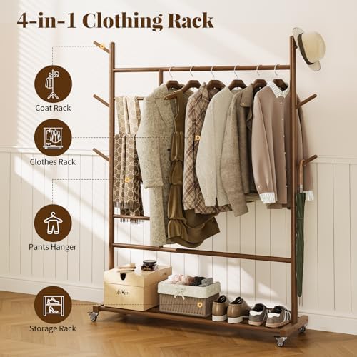 yoobure solid wood clothing rack, 4-in-1 wooden clothes, side view
