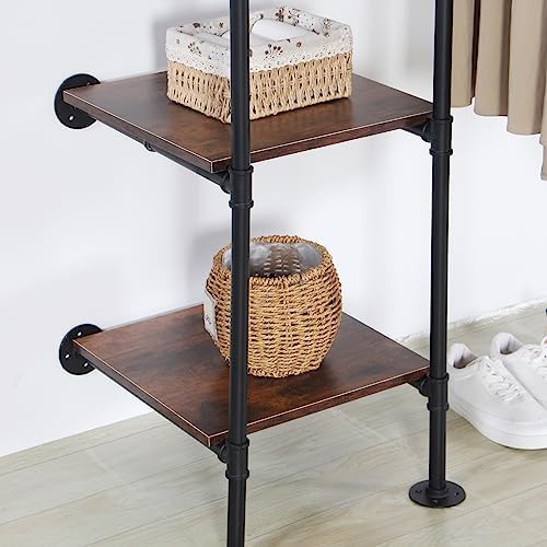 industrial pipe clothing rack with shelves, 71inch wall showing dimensions