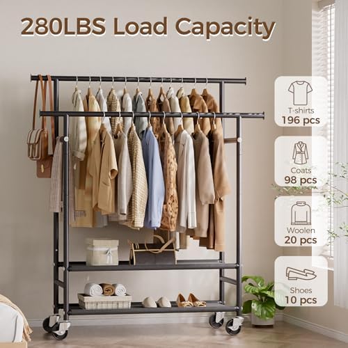 hyseyy clothes rack,double rods rolling clothing rack for shown in use