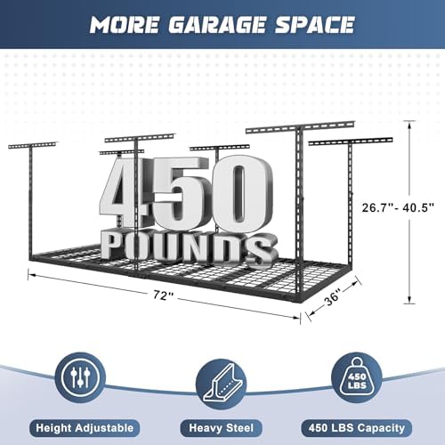 3x6ft overhead garage storage rack 450lbs capacity, 26"-40" shown in use