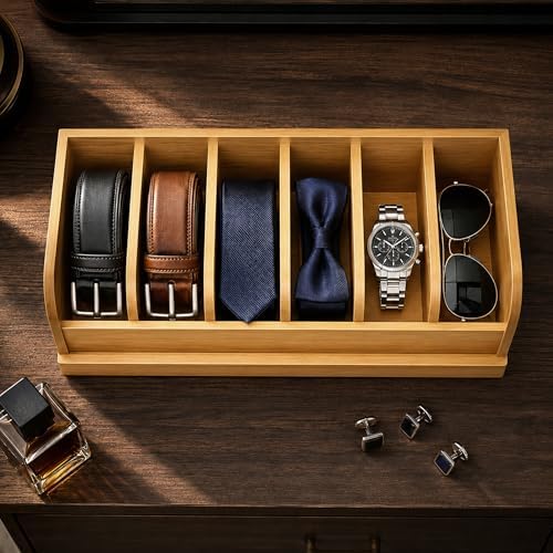 minboo bamboo belt organizer box,6 grids belt rack, package contents