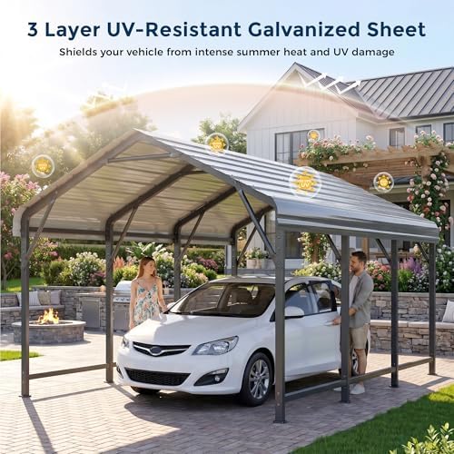 homshade 10x15ft heavy duty metal carport with 132°, front angle view