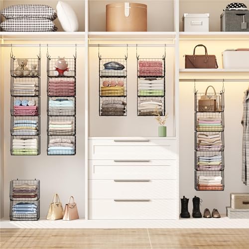 x-cosrack 5 tier closet hanging organizer, clothes hanging shown in use